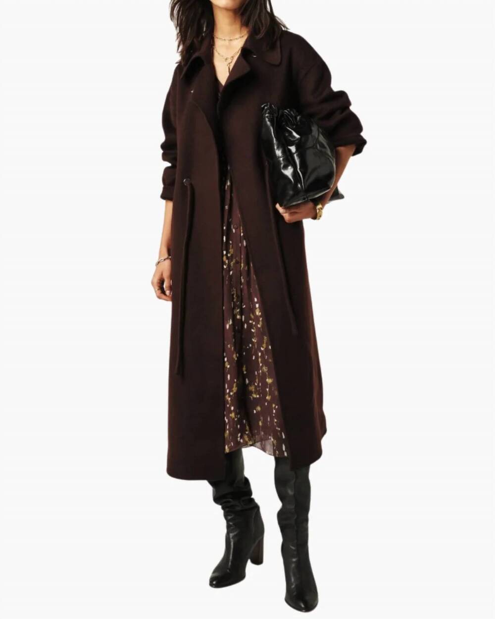 NEW BA&SH kate midi tie-waist coat in chocolat